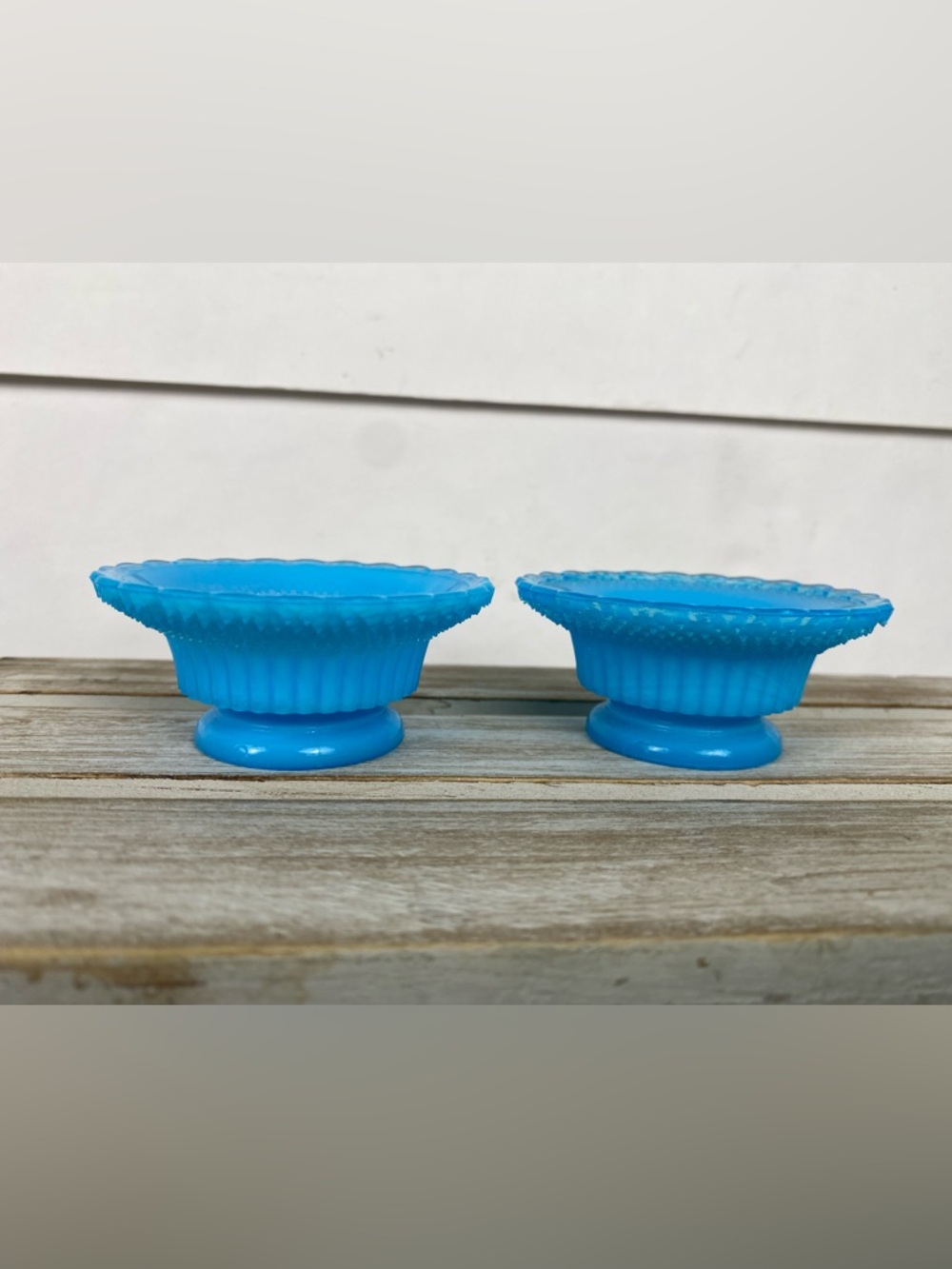 Aqua Blue Opalescent Glass bowls (2) containers used for decoration star bottom